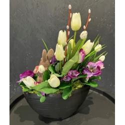 WIOSENNY Stroik kompozycja do domu z zajączkiem BRATKI KROKUSY TULIPANY